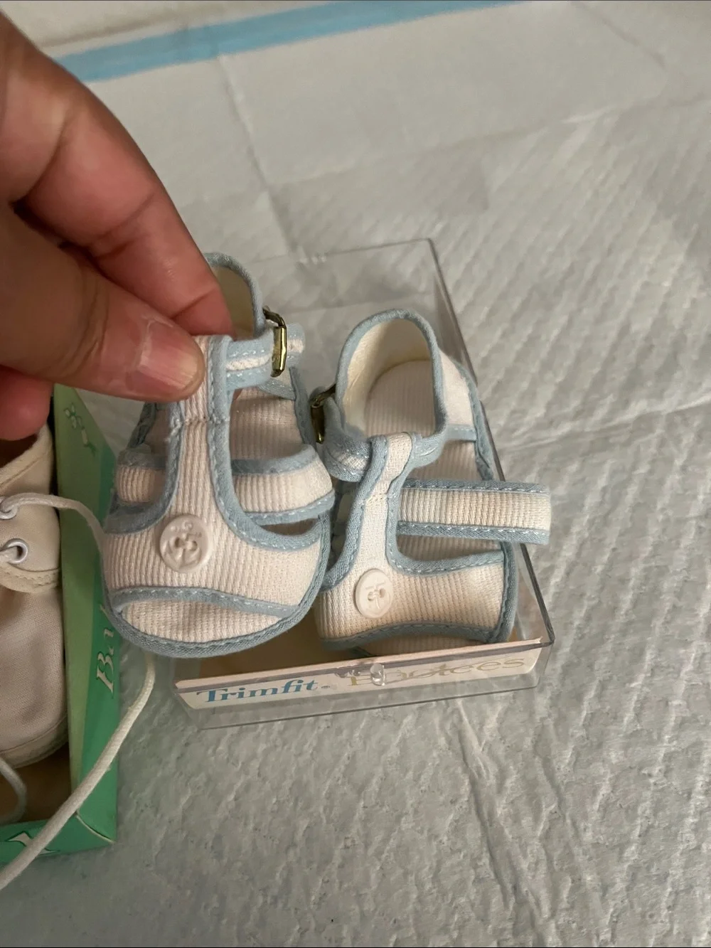 Vintage Cream Baby Lace-Up Booties and White & Light Blue Mary Jane Bootees